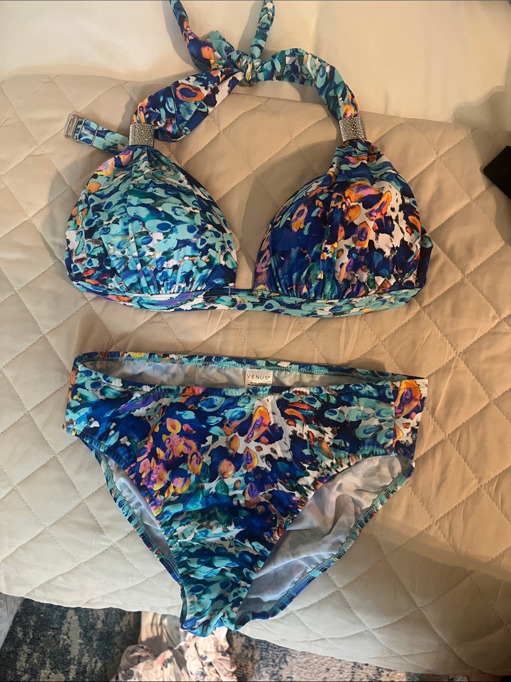 VENUS Blue Multi Print Halter Bikini Set with Jewel Accents